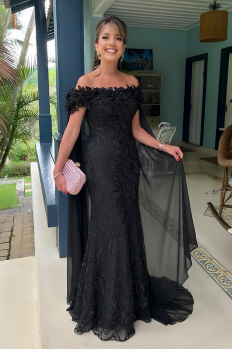 Black Off-The-Shoulder Mermaid Chiffon Wedding Guest Dresses Long with Appliques - Prom Dresses