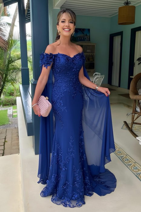 Royal Blue Off-The-Shoulder Mermaid Chiffon Wedding Guest Dresses Long with Appliques - Prom Dresses