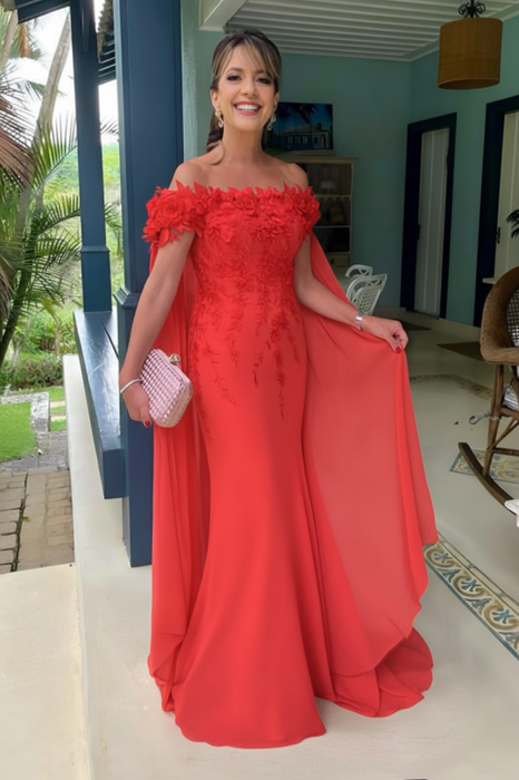 Watermelon Black Off-The-Shoulder Mermaid Chiffon Wedding Guest Dresses Long with Appliques - Prom Dresses