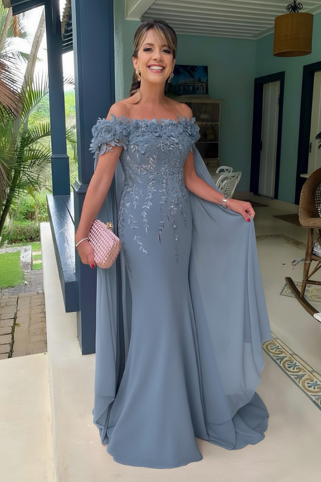 Dusty blue Off-The-Shoulder Mermaid Chiffon Wedding Guest Dresses Long with Appliques - Prom Dresses