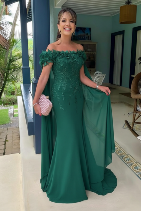 Emerald Green Off-The-Shoulder Mermaid Chiffon Wedding Guest Dresses Long with Appliques - Prom Dresses