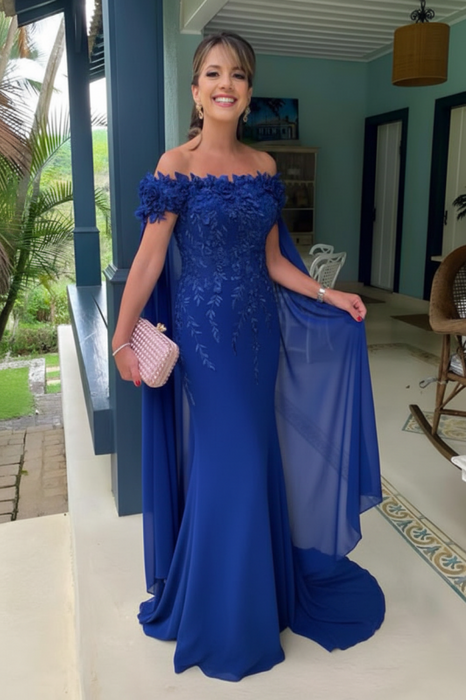 Ocean Blue Off-The-Shoulder Mermaid Chiffon Wedding Guest Dresses Long with Appliques - Prom Dresses