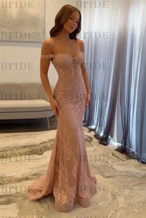 Off-the-Shoulder Mermaid Evening Dress with Lace | Long Prom Dress - Bridelily Off-the-Shoulder Mermaid Evening Dress with Lace | Long Prom Dress - Bridelily