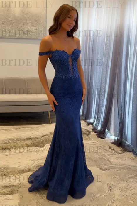Off-the-Shoulder Mermaid Evening Dress with Lace | Long Prom Dress - Bridelily Off-the-Shoulder Mermaid Evening Dress with Lace | Long Prom Dress - Bridelily
