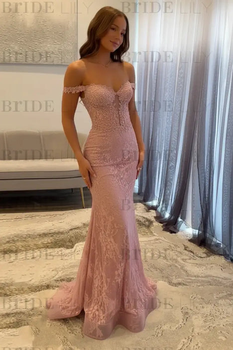 Off-the-Shoulder Mermaid Evening Dress with Lace | Long Prom Dress - Bridelily Off-the-Shoulder Mermaid Evening Dress with Lace | Long Prom Dress - Bridelily