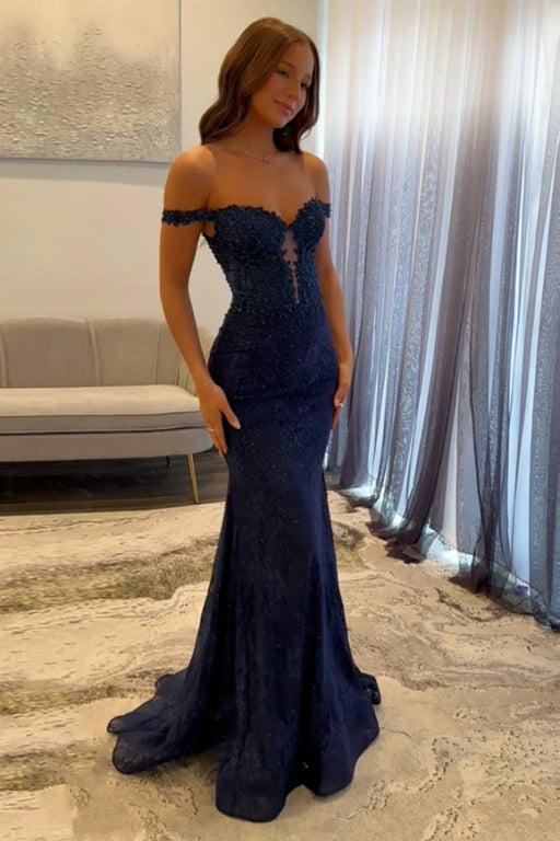 Off-the-Shoulder Mermaid Prom Dress Navy Blue