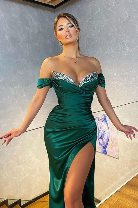Off-the-Shoulder Mermaid Prom Dress Split - Dark Green