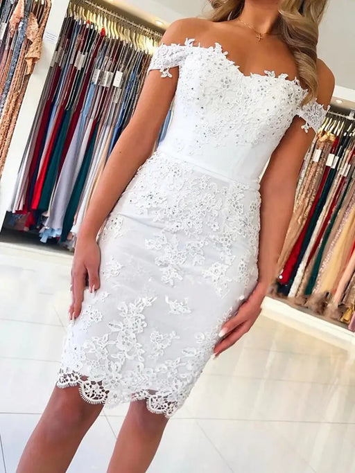 Off the Shoulder Mermaid Short White Lace Prom Dresses, Off Shoulder Short White Lace Formal Graduation Homecoming Dresses