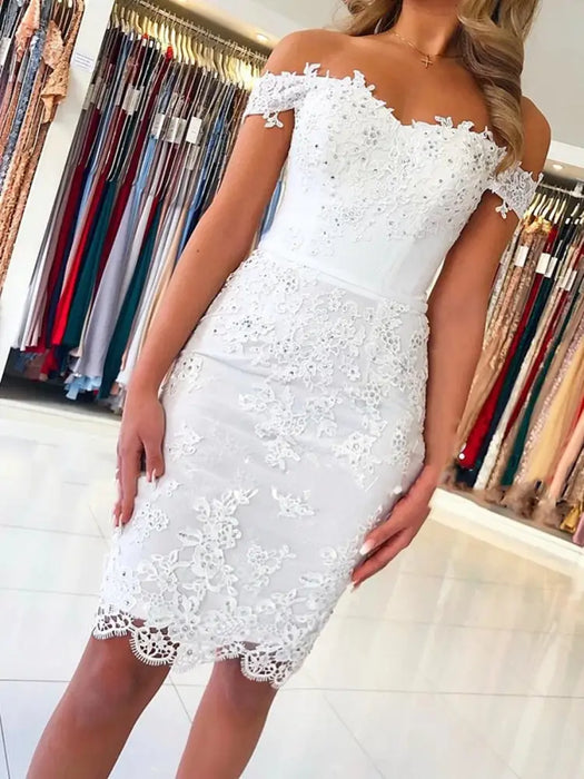 Off the Shoulder Mermaid Short White Lace Prom Dresses, Off Shoulder Short White Lace Formal Graduation Homecoming Dresses
