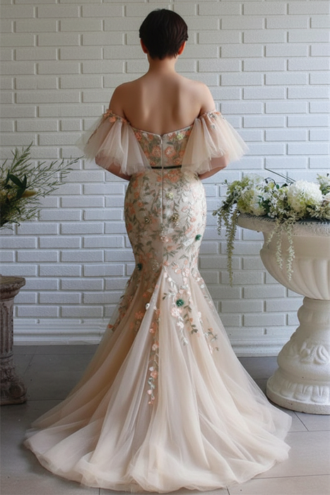 Off-The-Shoulder Mermaid Strapless Evening Dress With Flowers Beadings and Appliques