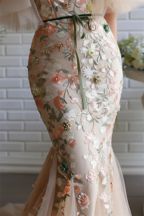 Off-The-Shoulder Mermaid Strapless Evening Dress With Flowers Beadings and Appliques