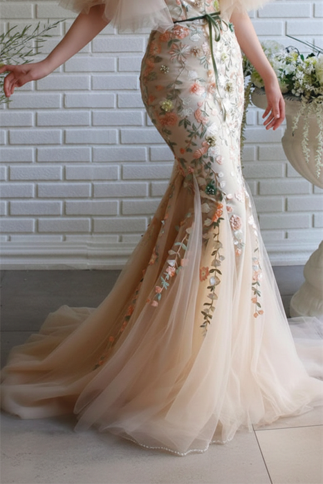 Off-The-Shoulder Mermaid Strapless Evening Dress With Flowers Beadings and Appliques