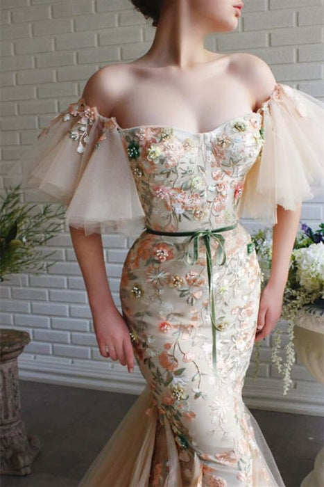 Off-The-Shoulder Mermaid Strapless Flowers Evening Dress Beadings with Appliques