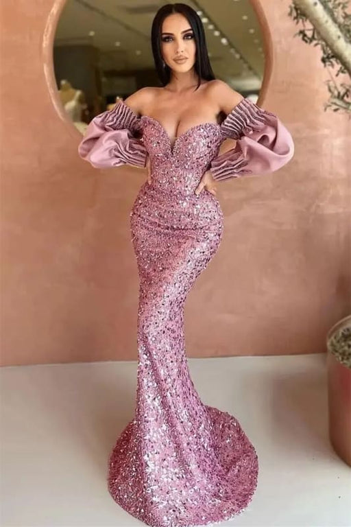 Off-The-Shoulder Mermaid Sweetheart Long Sleeves Evening Dress with Sequins