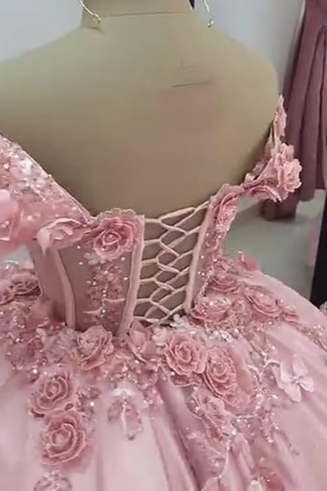 Sparkly Off Shoulder Tulle Homecoming Dresses Short Corset Quinceanera Dress with 3D Flowers