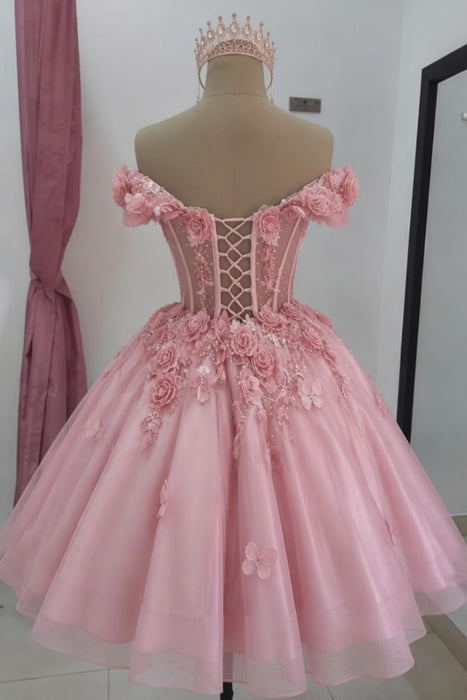 Sparkly Off Shoulder Tulle Homecoming Dresses Short Corset Quinceanera Dress with 3D Flowers
