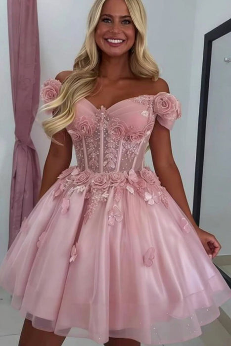 Sparkly Off Shoulder Tulle Homecoming Dresses Short Corset Quinceanera Dress with 3D Flowers