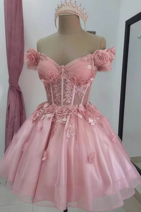 Sparkly Off Shoulder Tulle Homecoming Dresses Short Corset Quinceanera Dress with 3D Flowers