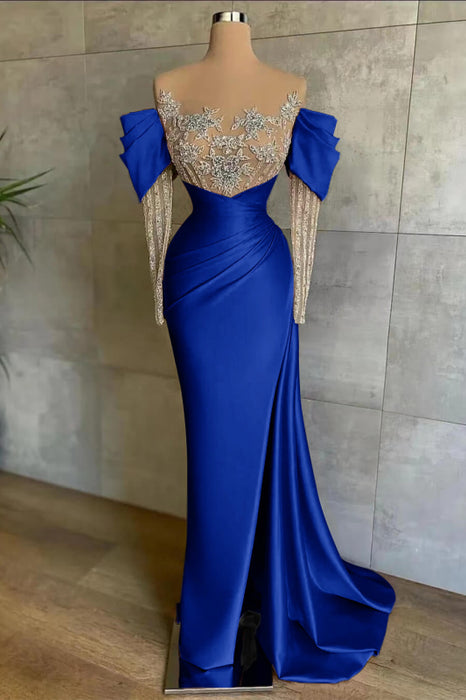 Pink Split Mermaid Long Sleeves Prom Dress Beadings With Appliques Off the Shoulder