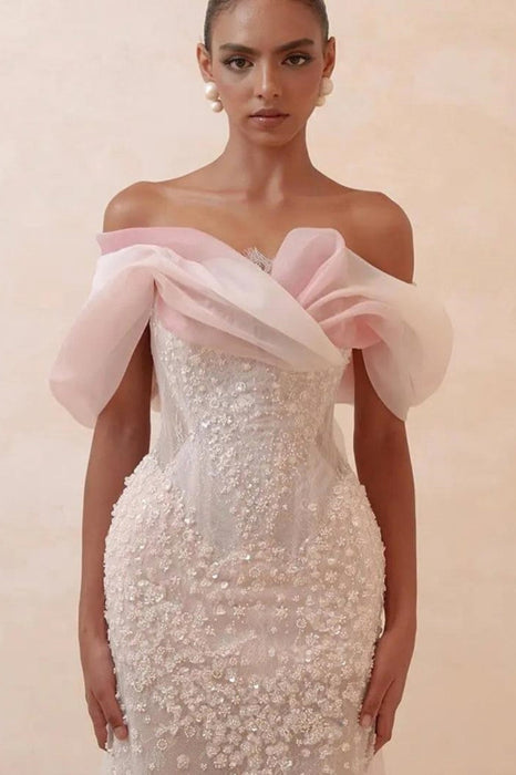 Off-the-Shoulder Pink Mermaid Prom Dress Lace with Beadings - Dress