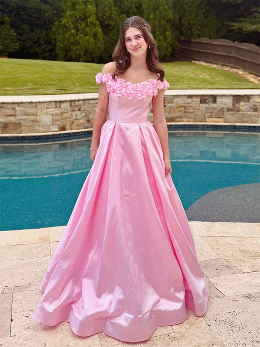 Off-the-Shoulder Pink Satin Prom Dress with 3D Floral Aline Evening Dress