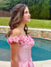 Off-the-Shoulder Pink Satin Prom Dress with 3D Floral Aline Evening Dress