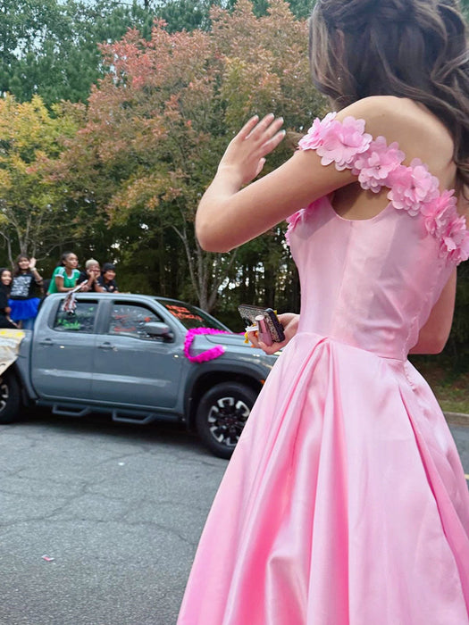 Off-the-Shoulder Pink Satin Prom Dress with 3D Floral Aline Evening Dress