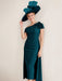 Off-the-Shoulder Pleated Tea-Length Mother of the Bride Dresses with 3D Flower in Sheath/Column Style