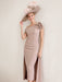 Off-the-Shoulder Pleated Tea-Length Mother of the Bride Dresses with 3D Flower in Sheath/Column Style