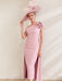 Off-the-Shoulder Pleated Tea-Length Mother of the Bride Dresses with 3D Flower in Sheath/Column Style