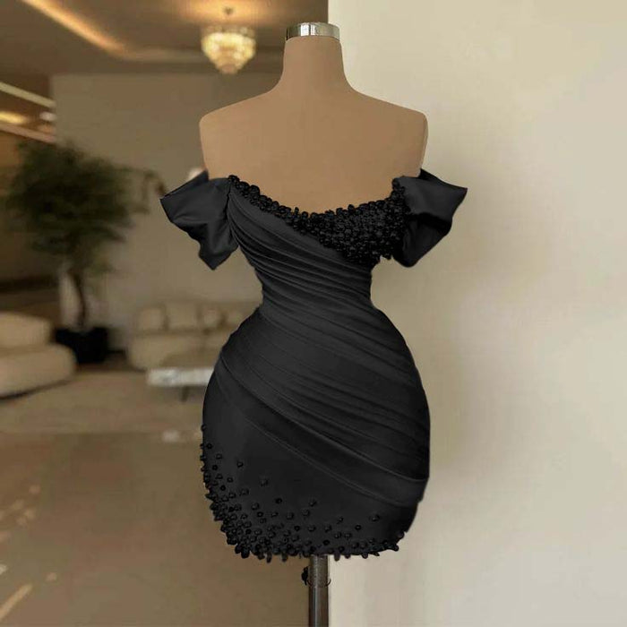 Black Off-the-Shoulder Pleated Satin Tight Homecoming Dress with Beadings