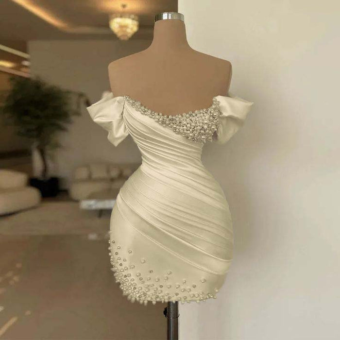 Champagne Off-the-Shoulder Pleated Satin Tight Homecoming Dress with Beadings