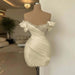 Champagne Off-the-Shoulder Pleated Satin Tight Homecoming Dress with Beadings