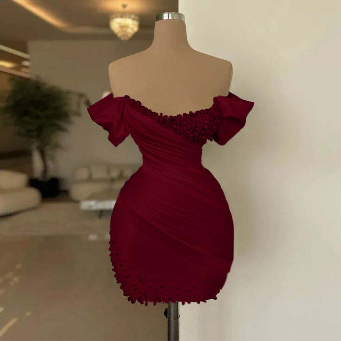 Dark Burgundy Off-the-Shoulder Pleated Satin Tight Homecoming Dress with Beadings