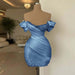 Dusty Blue Off-the-Shoulder Pleated Satin Tight Homecoming Dress with Beadings