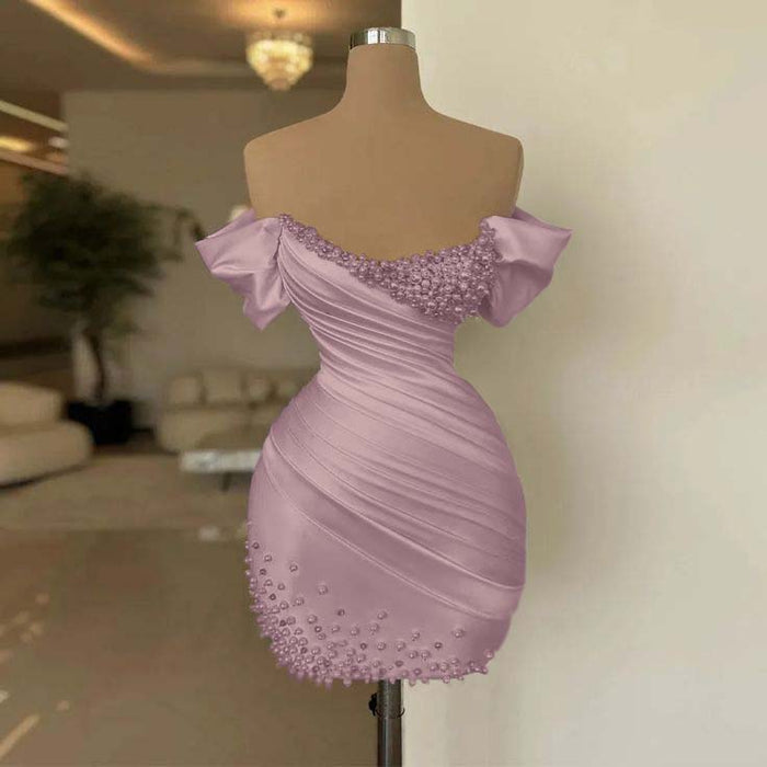 Dusty Pink Off-the-Shoulder Pleated Satin Tight Homecoming Dress with Beadings