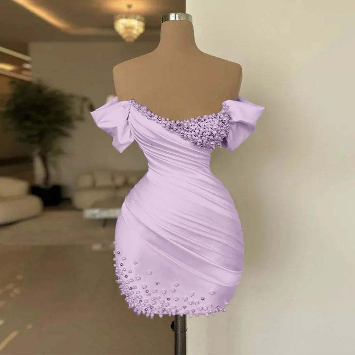 Lilac Off-the-Shoulder Pleated Satin Tight Homecoming Dress with Beadings