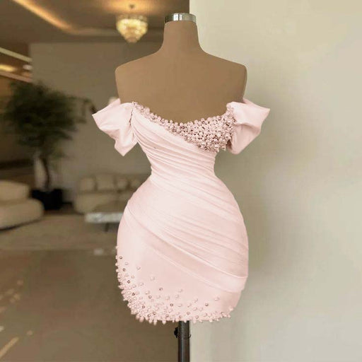 Pink Off-the-Shoulder Pleated Satin Tight Homecoming Dress with Beadings