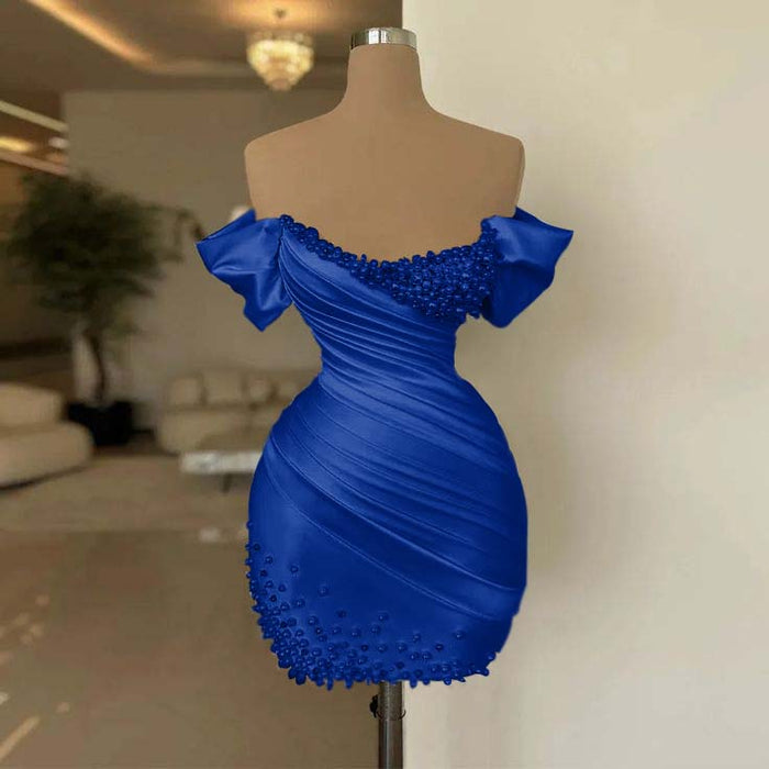 Royal Blue Off-the-Shoulder Pleated Satin Tight Homecoming Dress with Beadings