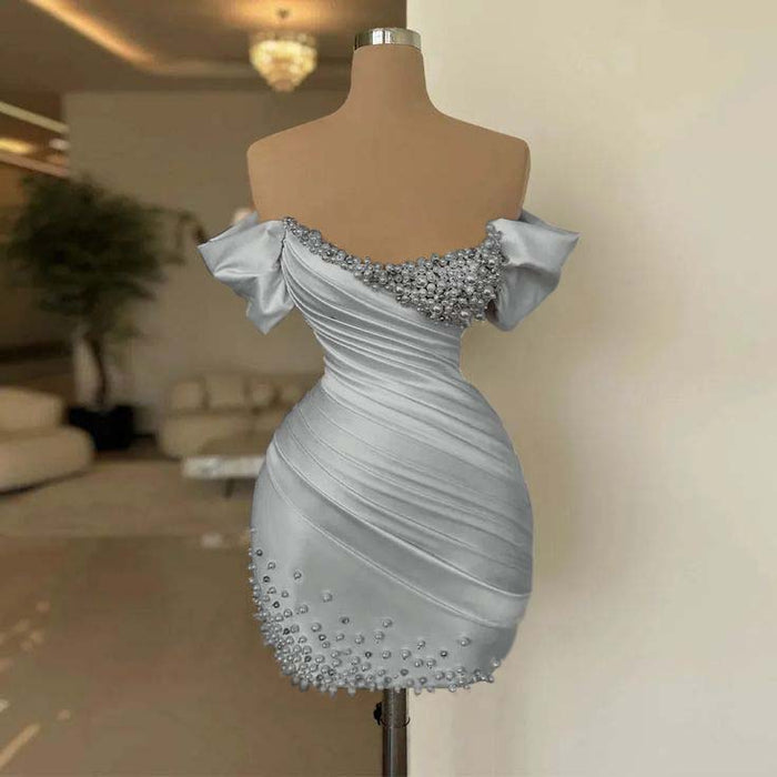 Silver Off-the-Shoulder Pleated Satin Tight Homecoming Dress with Beadings