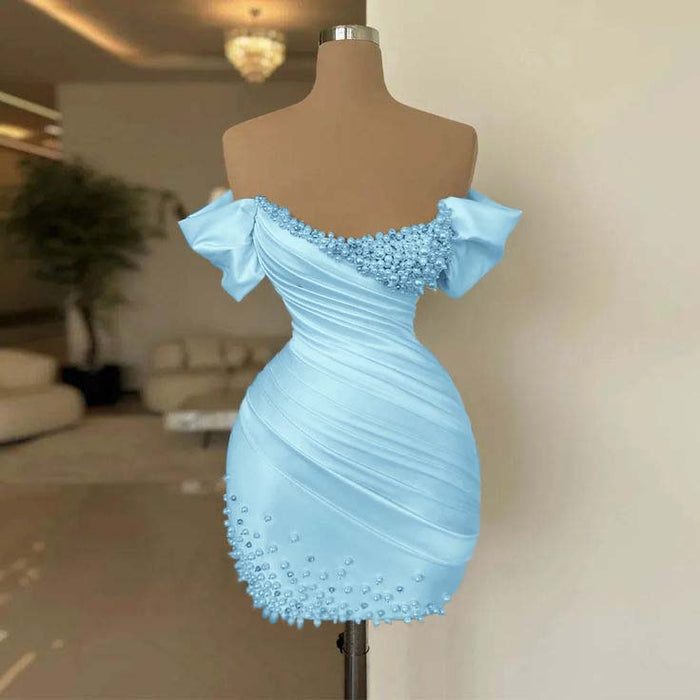Sky Blue Off-the-Shoulder Pleated Satin Tight Homecoming Dress with Beadings