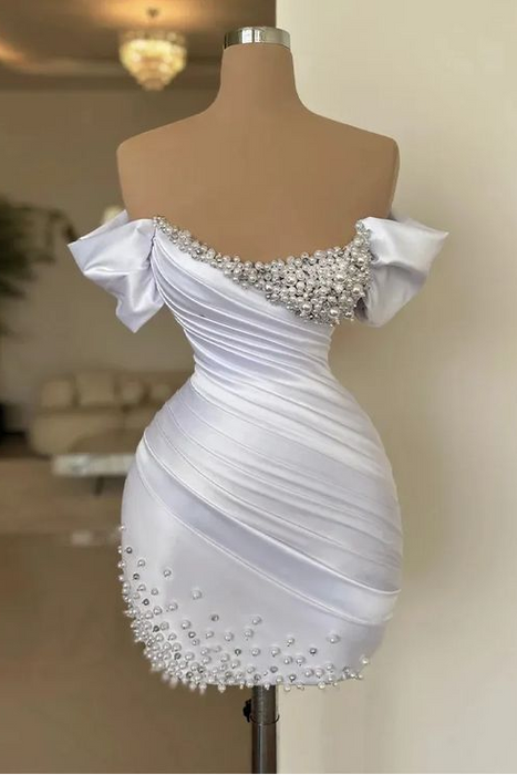 White Off-the-Shoulder Pleated Satin Tight Homecoming Dress with Beadings