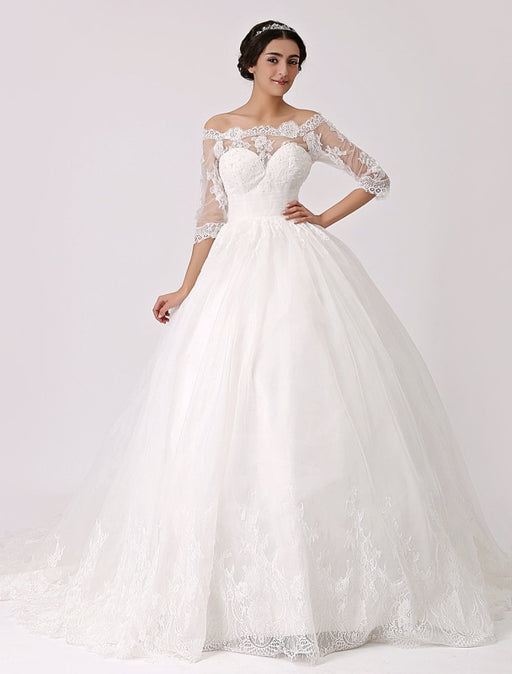 Off the Shoulder Princess Lace Wedding Dress with Illusion Neckline misshow