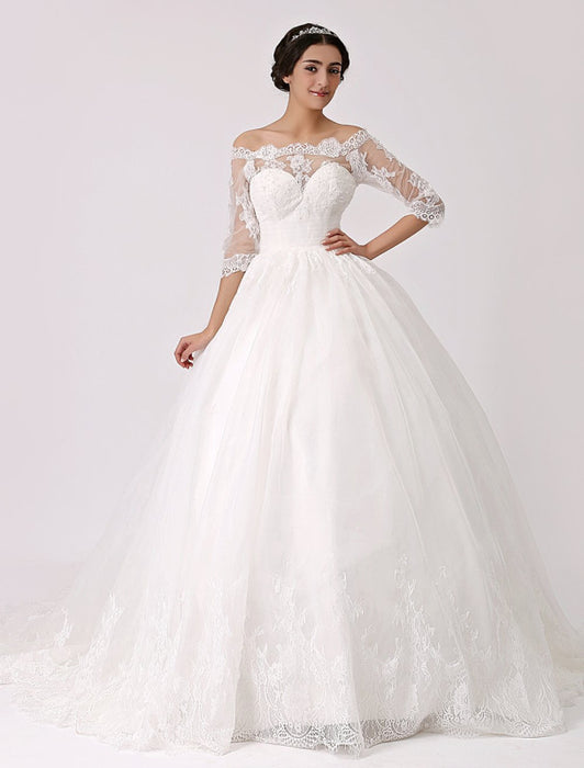 Off the Shoulder Princess Lace Wedding Dress with Illusion Neckline misshow