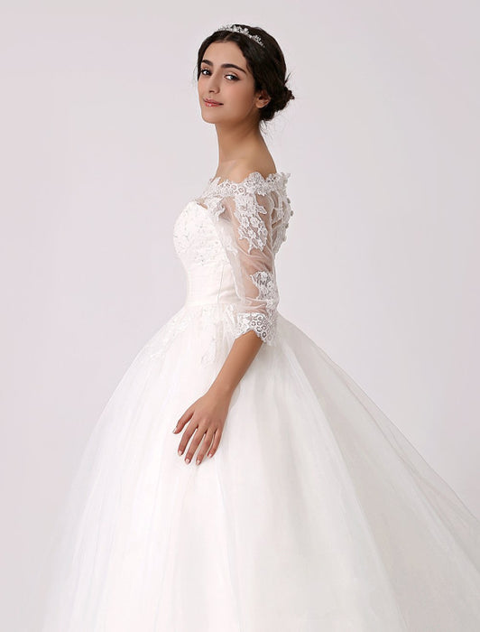 Off the Shoulder Princess Lace Wedding Dress with Illusion Neckline misshow