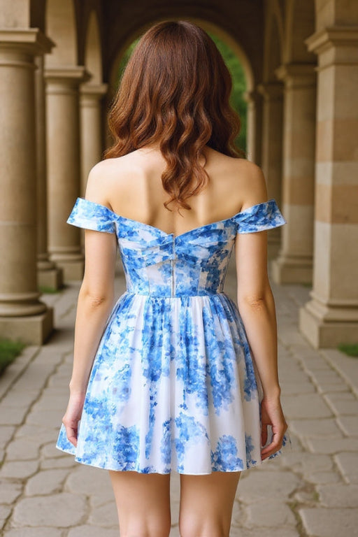 Off-the-Shoulder Printed Short Homecoming Dress Blue Prom Dress - Blue