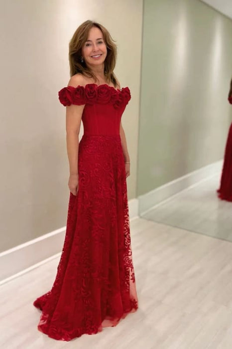 Off-the-Shoulder Red Aline Wedding Guest Dress with Flowers - Prom Dresses