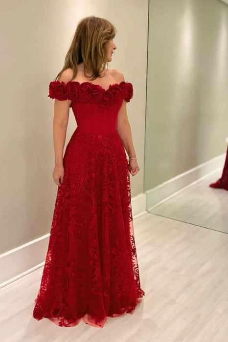 Off-the-Shoulder Red Aline Wedding Guest Dress with Flowers - Prom Dresses