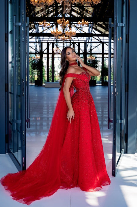 Off-the-Shoulder Red Beadings Evening Prom Dress with Sweep Cape