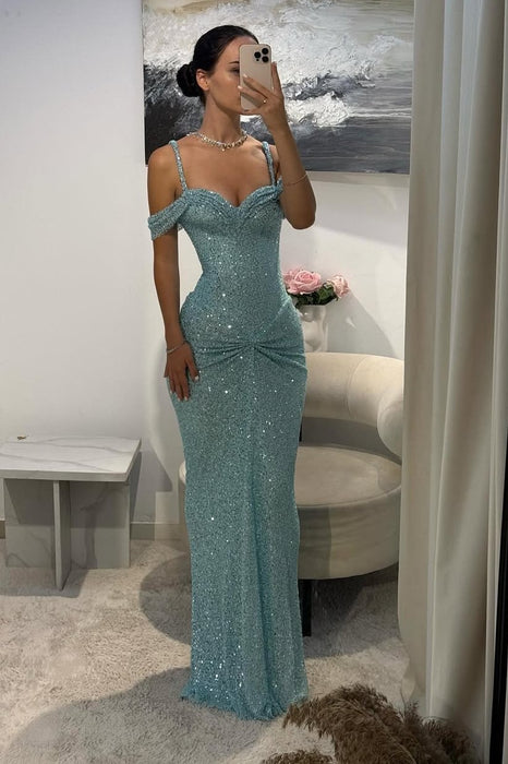Sparkly Sequins Mermaid Prom Dress Spaghetti Straps Ruffles Evening Gowns